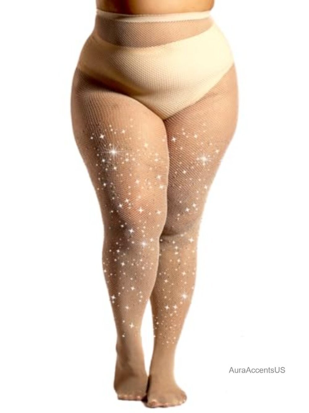 Rhinestone Fishnet Tights Sparkly High Waist Party Nude